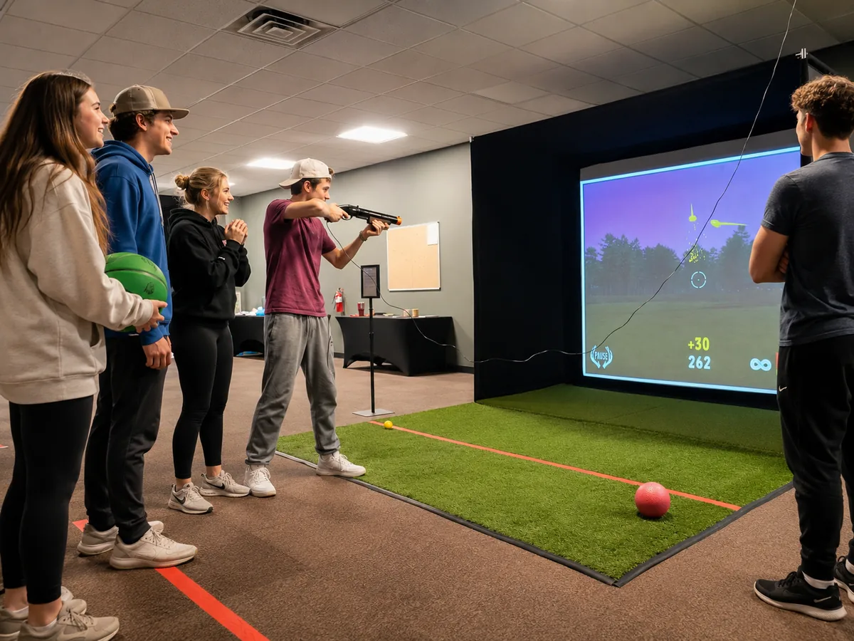 Group taking turns at the clay bird shooting simulator at Sim Time